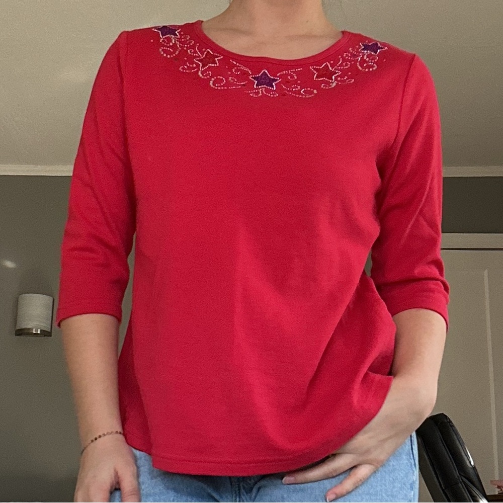 Indigo Soul Red Quarter Length Sleeve Top w/ Blue & Silver Jewel Star Embroidery